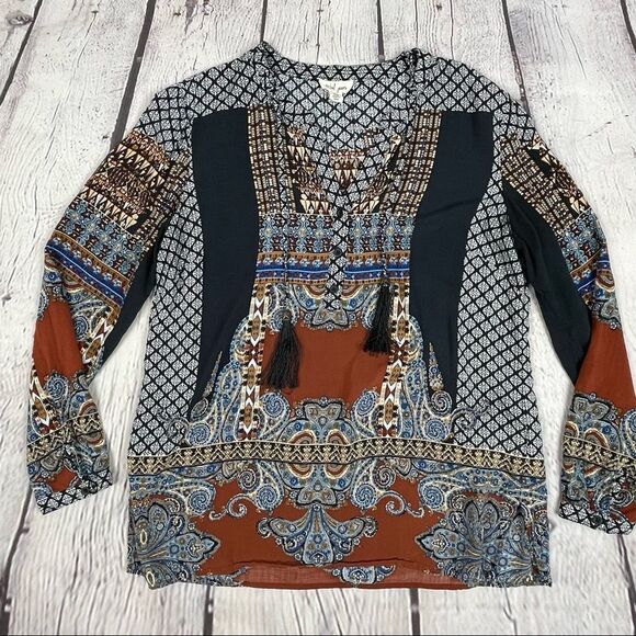 TRIBAL JEANS women's longsleeve top boho mixed print tassel peasant style size S - Picture 6 of 11